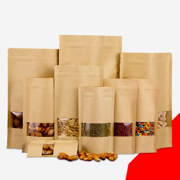 Standing Up Food Grade Brown Kraft Paper Zipper Poly Bags with Clear Window