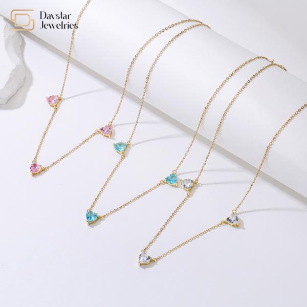 Heart Pink Ocean Blue Thin Chain Choker 18k Gold Plated Diamond Zircon Charms