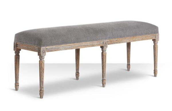 french style vintage solid oak rustic wooden bedroom long bench with linen fabric for event and wedding