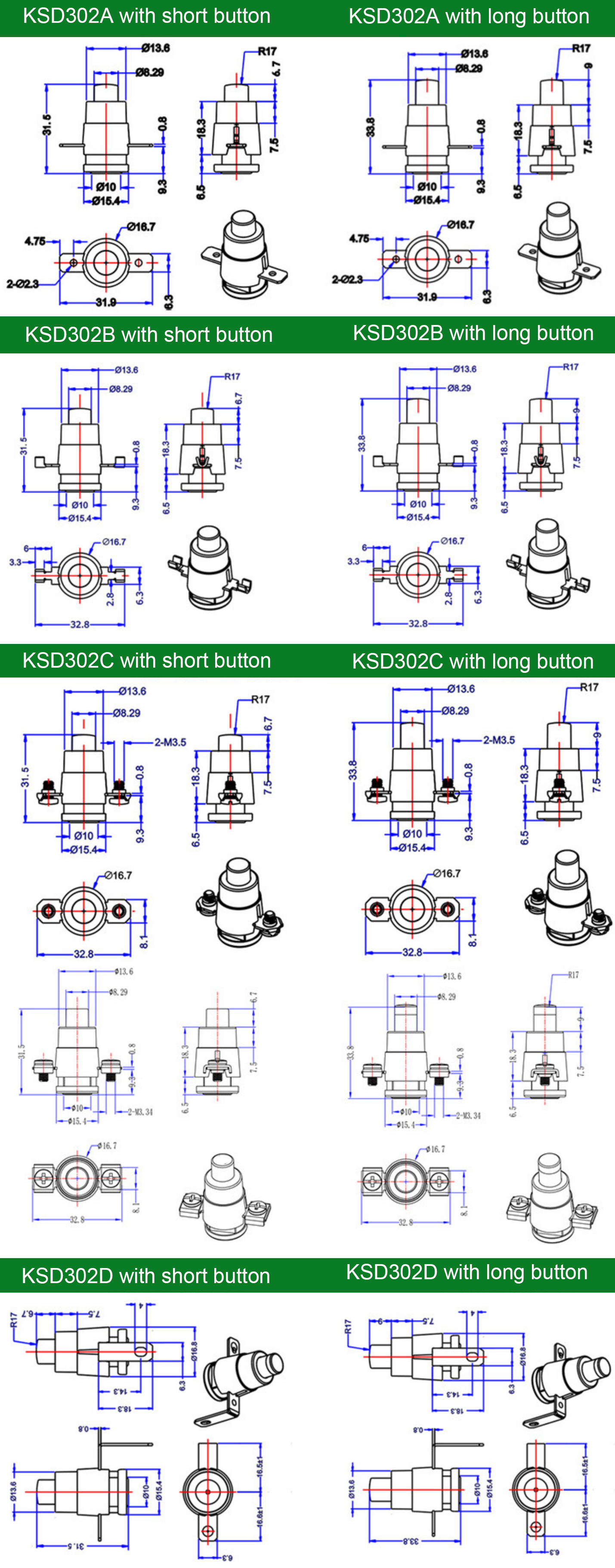 Термостат действия кнопки KSD302C 250V 16A 53C для вьюрка кабеля KSD302A 63C