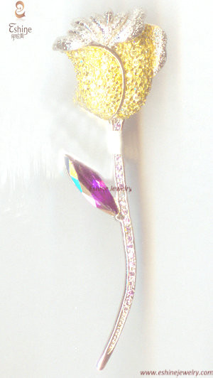 Fashion China wholesale Blooming Flower Brass CZ brooch 14K gold Rose style brooch