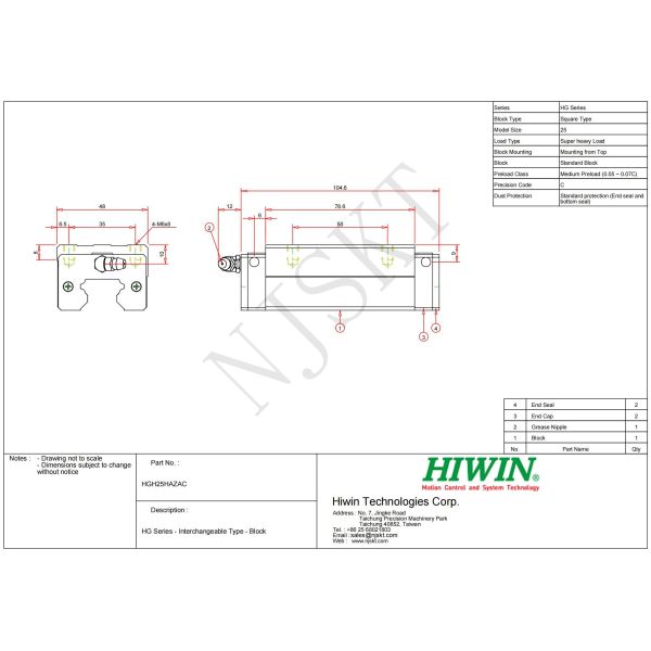 HIWIN HGH25HA Linear Guideway Blocks Hiwin Linear Guide Rail