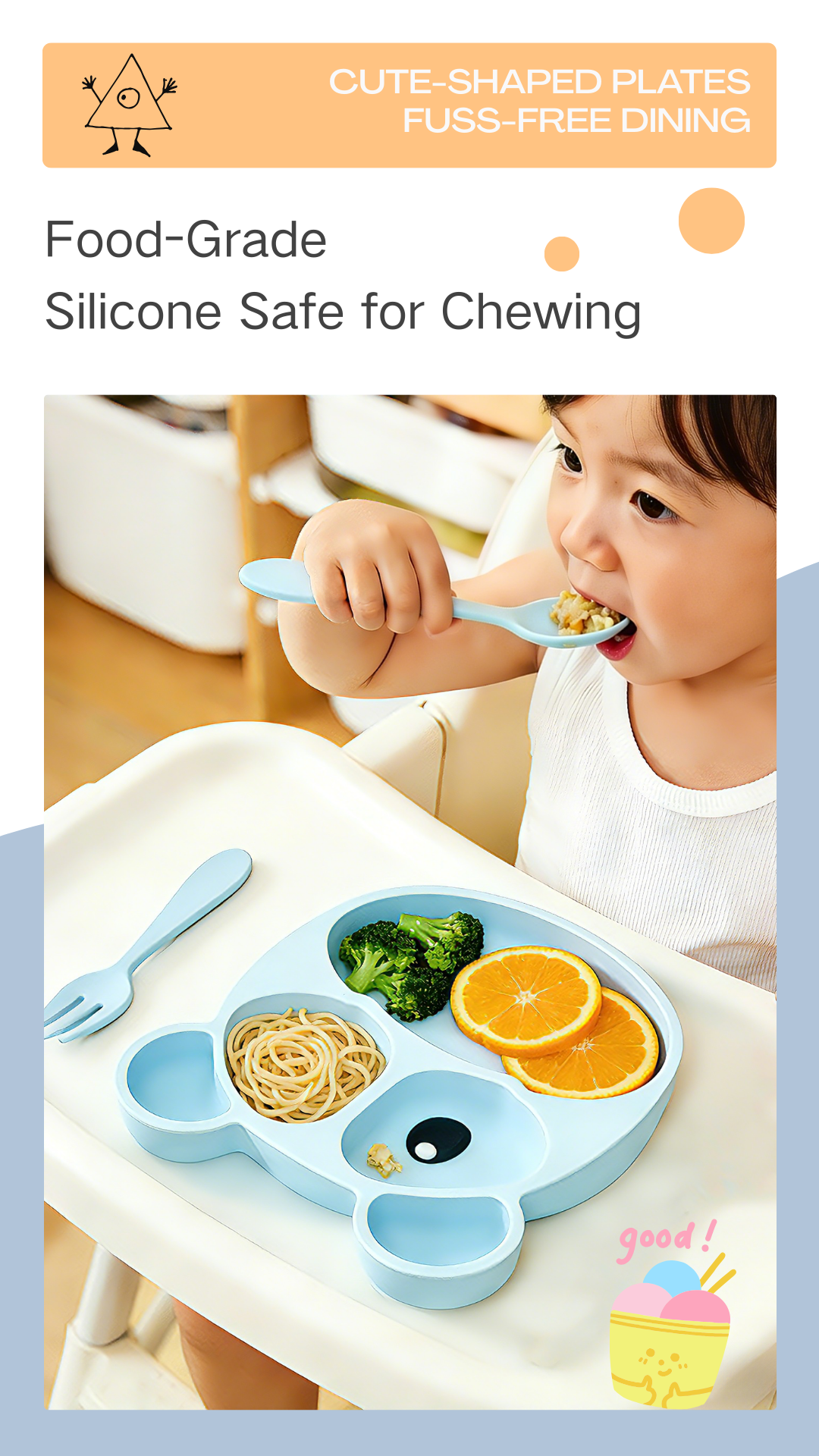 Cartoon Pattern Silicone Kids Dining Plate Set Multi Compartment Fork Spoon Non Toxic Heat Resistant Dishwasher Safe