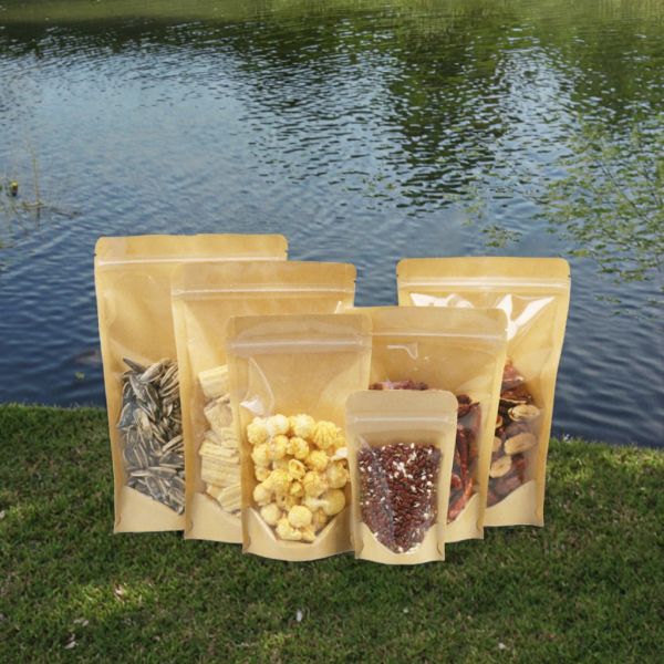 Customized Paper Bags with Window, Kraft Paper Pouches, Zipper Food Storage Bags for Packaging Products, Reusable, Sealable