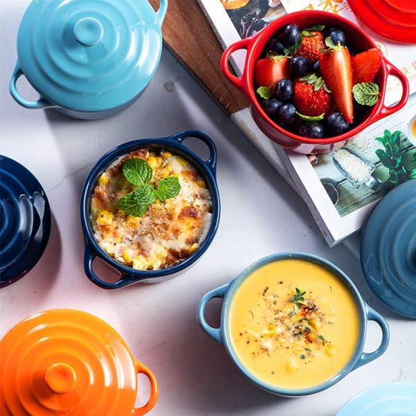 Anti Scald Baking Ceramic Oven Bowl With Lid Double Ear Multifunctional