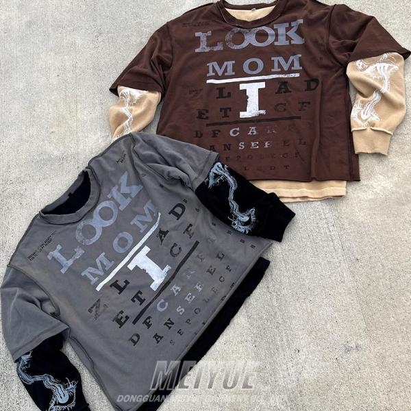 Logotipo de impresión DTG personalizado de doble capa Waffle Manga larga 100% de algodón Camiseta de calle de hombres suéter de gran tamaño camiseta para hombres