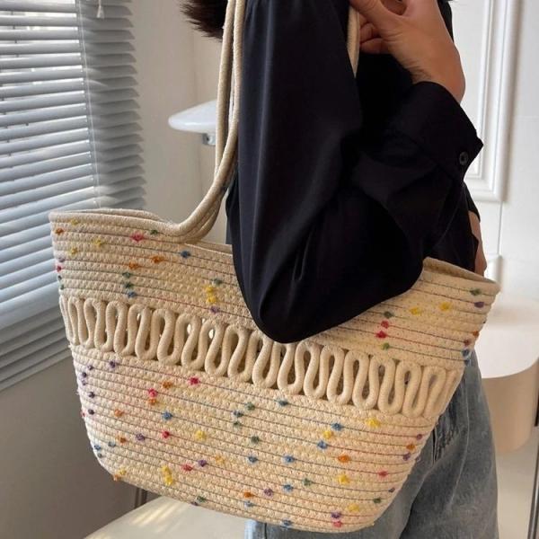 Straw Tote Bag for Women Handwoven Cotton Straw Shoulder Bag Crochet Tassel Beach Bohemian Purse for Women