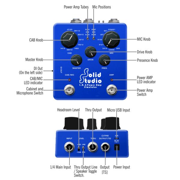 Solid Studio IR Power Amp Simulator Guitar Multi Effect Pedal Dual Footswitch Builtin 8 Cabinet 8 Microphone True Bypass