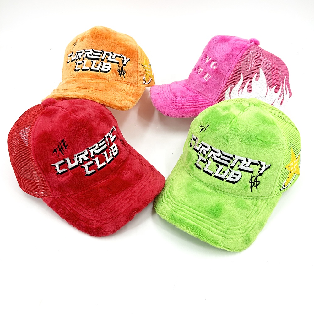 5 Mesh Fluffy Velvet Custom 3D Embroidery Trucker Hats panel Snapback Cap