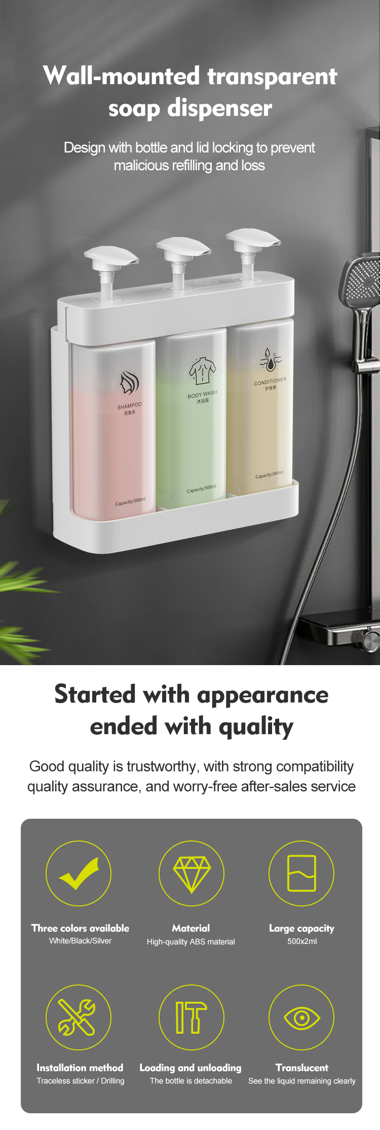 Multi Function Triple Wall Mounted Pump Soap Dispenser Refillable 500ml*3 Capacity