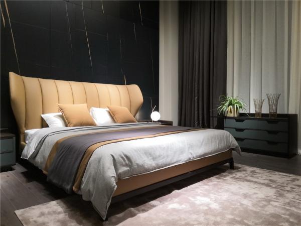Light Luxury King Bed by Real leather upholstery headboard in Special design for High end House and Hotel guestroom