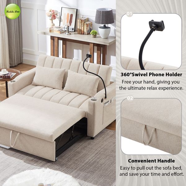 Modern Fabric Pull Out Sofa Bed with USB Charging Port & Cup Holder Saving-Sapce 2 Seater Sofa Convertible Sleeping Folding Sofa Bed