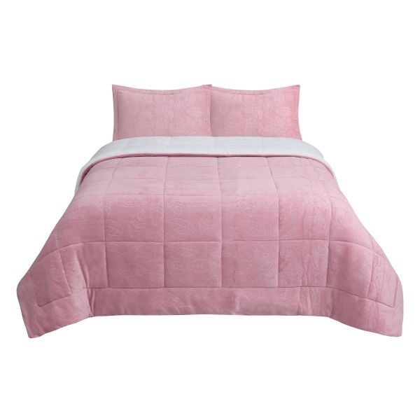 Solid Coral Fleece Embossed and Ecru Color Sherp Quilt Set- double-sided luxury fleece, 3D embossed patterns, and 100%polyester filling