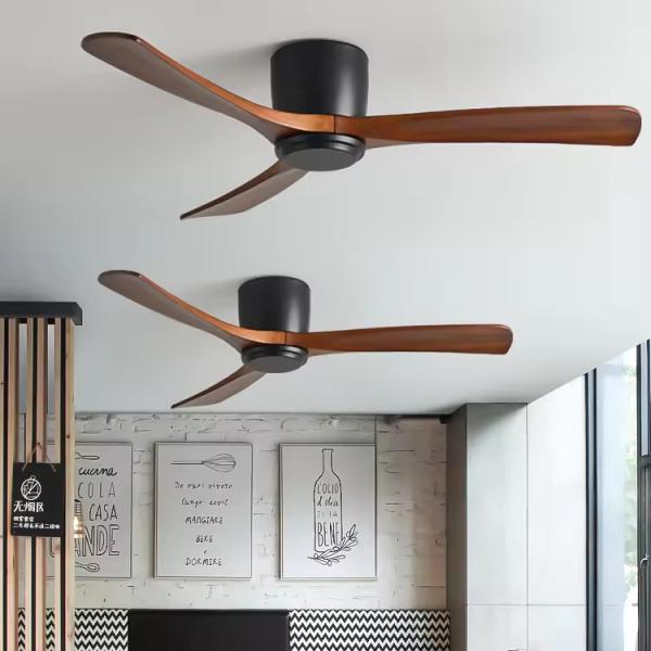 Ventilateur de plafond à profil bas encastré pour résidentiel avec application Tuya à distance ou Wifi, pales en bois, hélices, économe en énergie, pour plafond bas