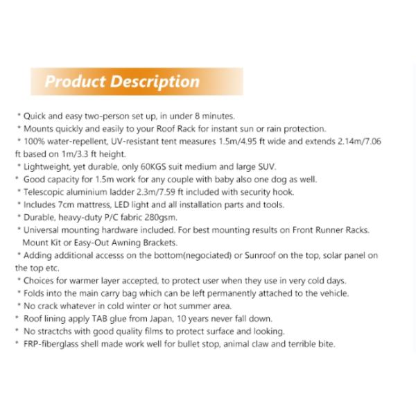 Second Hand Hard Shell Roof Top Tent with Cotton Fabric and Waterproof Index 3000 mm