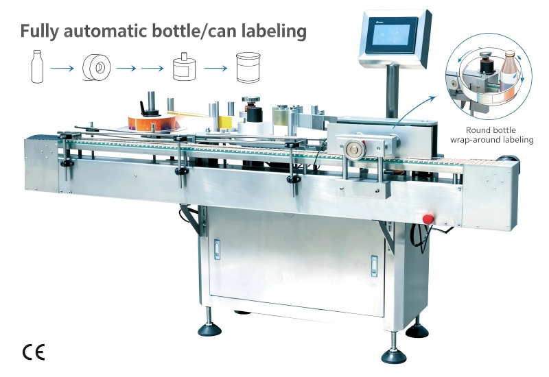 Automatic Wrap Around Bottle Label Applicator Machine 30-80 Bottles/Min 360 Degree