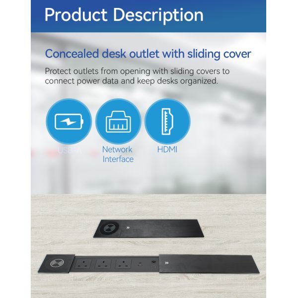 Aluminum Concealed Desk Meeting Table Power Outlet Socket Sliding Panel USBA USBC
