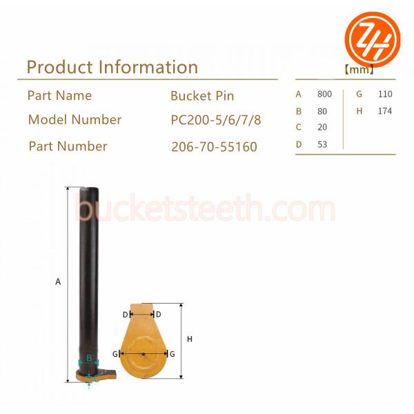 206-70-55160 PC200 Komatsu Bucket Pins , 55HRC 80mm Excavator Pin