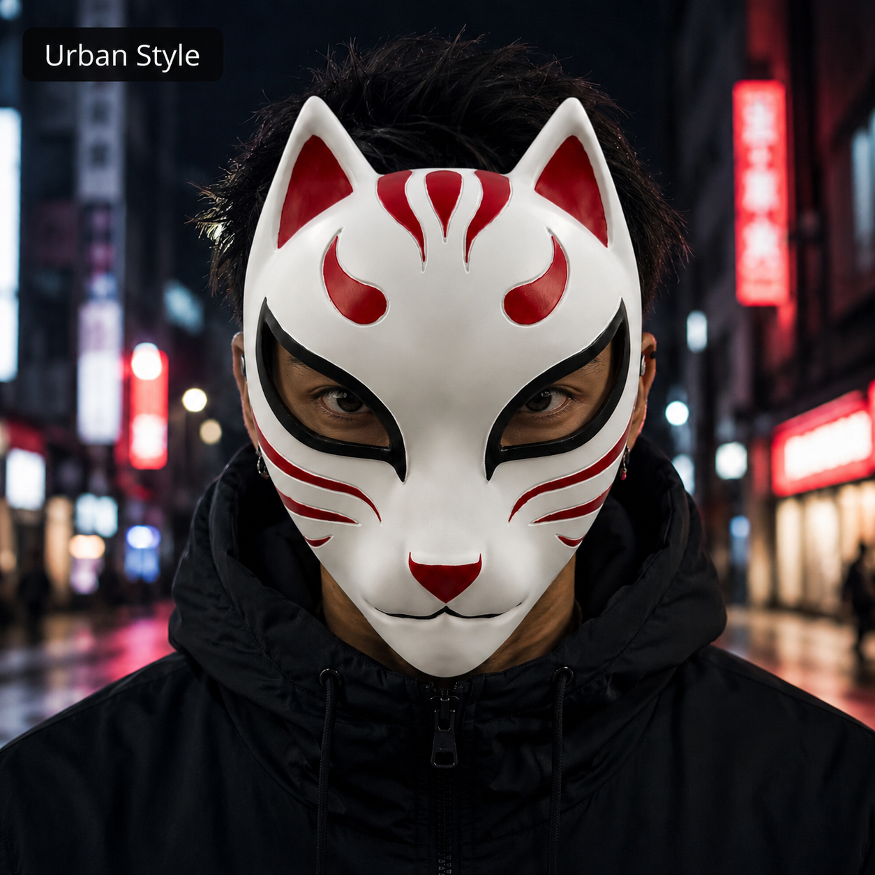 Premium Resin Kitsune Fox Mask - Authentic Japanese Anime Cosplay Half Face Mask for Men & Women. Traditional Kabuki Costume Accessory with Foam Padding & Adjustable Buckle Strap for Halloween Party