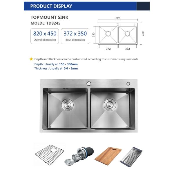 Topmount Stainless Steel Kitchen Sink Handmade Double Bowl 16 Gauge 82x45