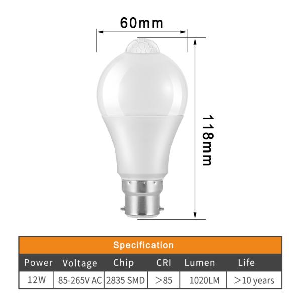 12w Body Sensor Control Bulb With E27 E26 B22 Light Base 2- and 80lm/W Lumen