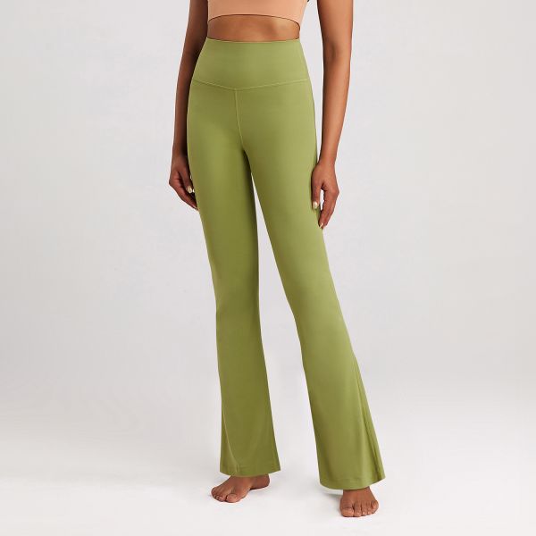 Women's High Waisted Long Yoga Pants Taupe Color Buttery Soft Fabric Flared