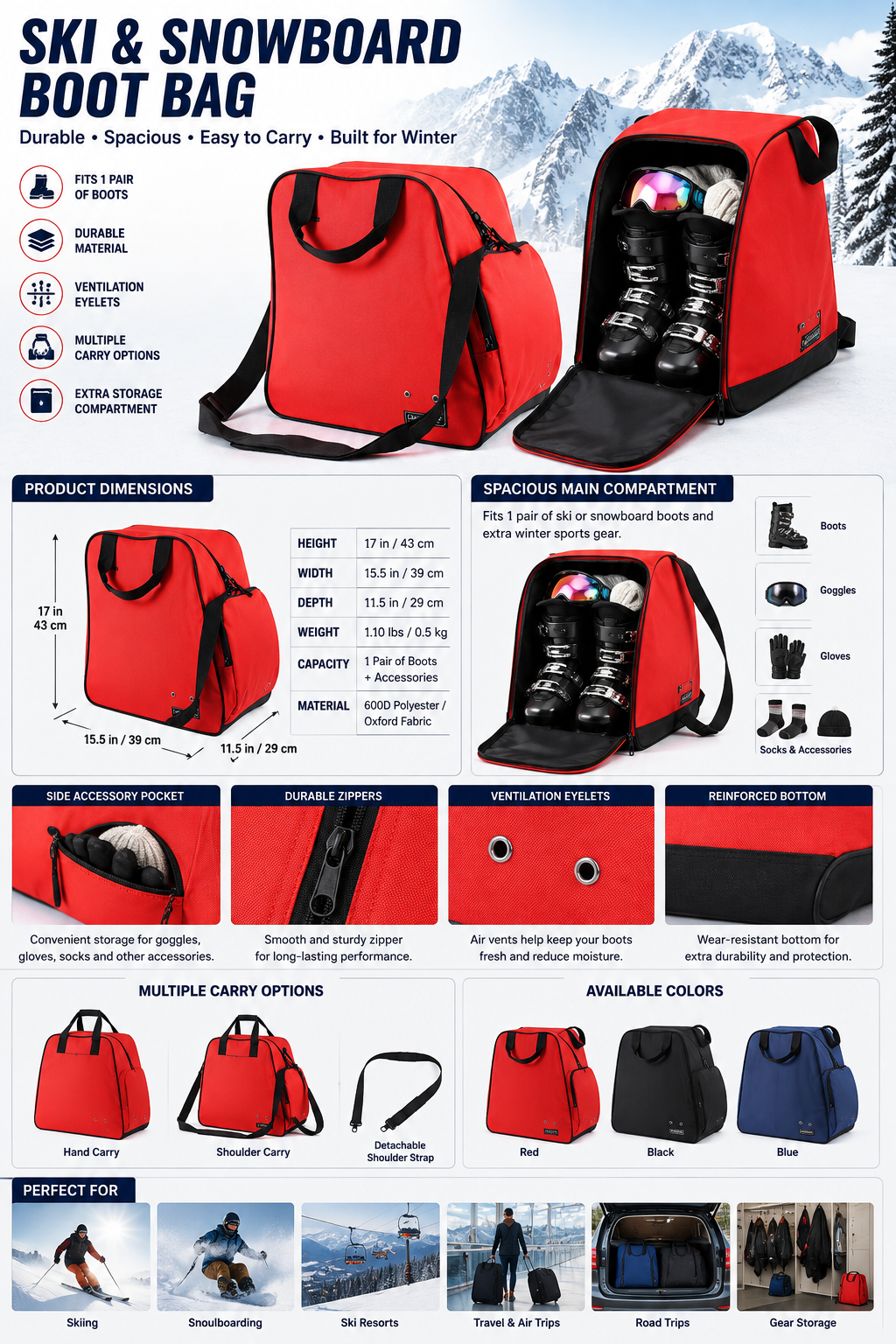 Large Ski & Snowboard Boot Bag Backpack, Durable Winter Sports Equipment Travel Bag for Boots, Helmet, Goggles & Gear
