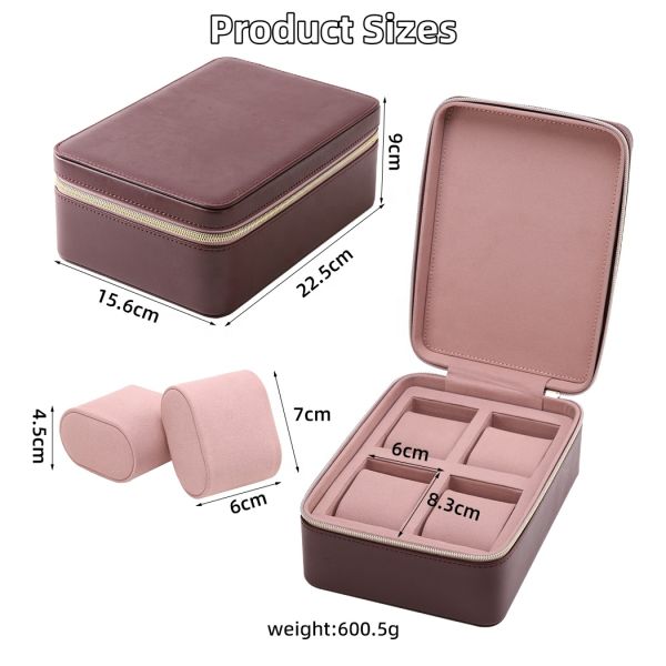 OEM ODM Custom 4 Slot Watch Box Luxury PU Leather Case Velvet Lining Durable Zipper Closure