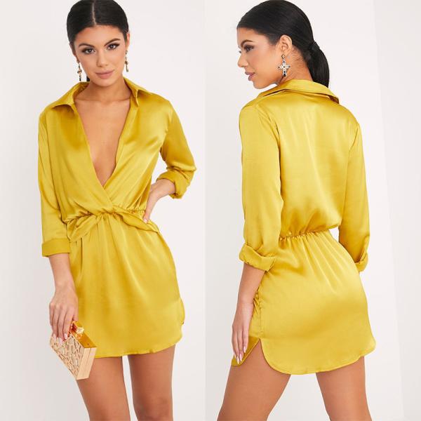 Women Long Sleeve Dark Lime Twist Front Silky Shirt Dress With Deep V Neck