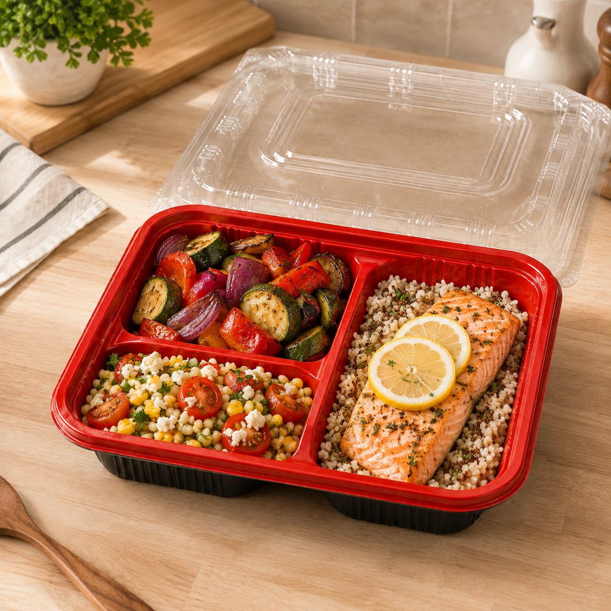 Clear Lid Three Compartment Trays Red Black PP Meal Tray for Takeaway