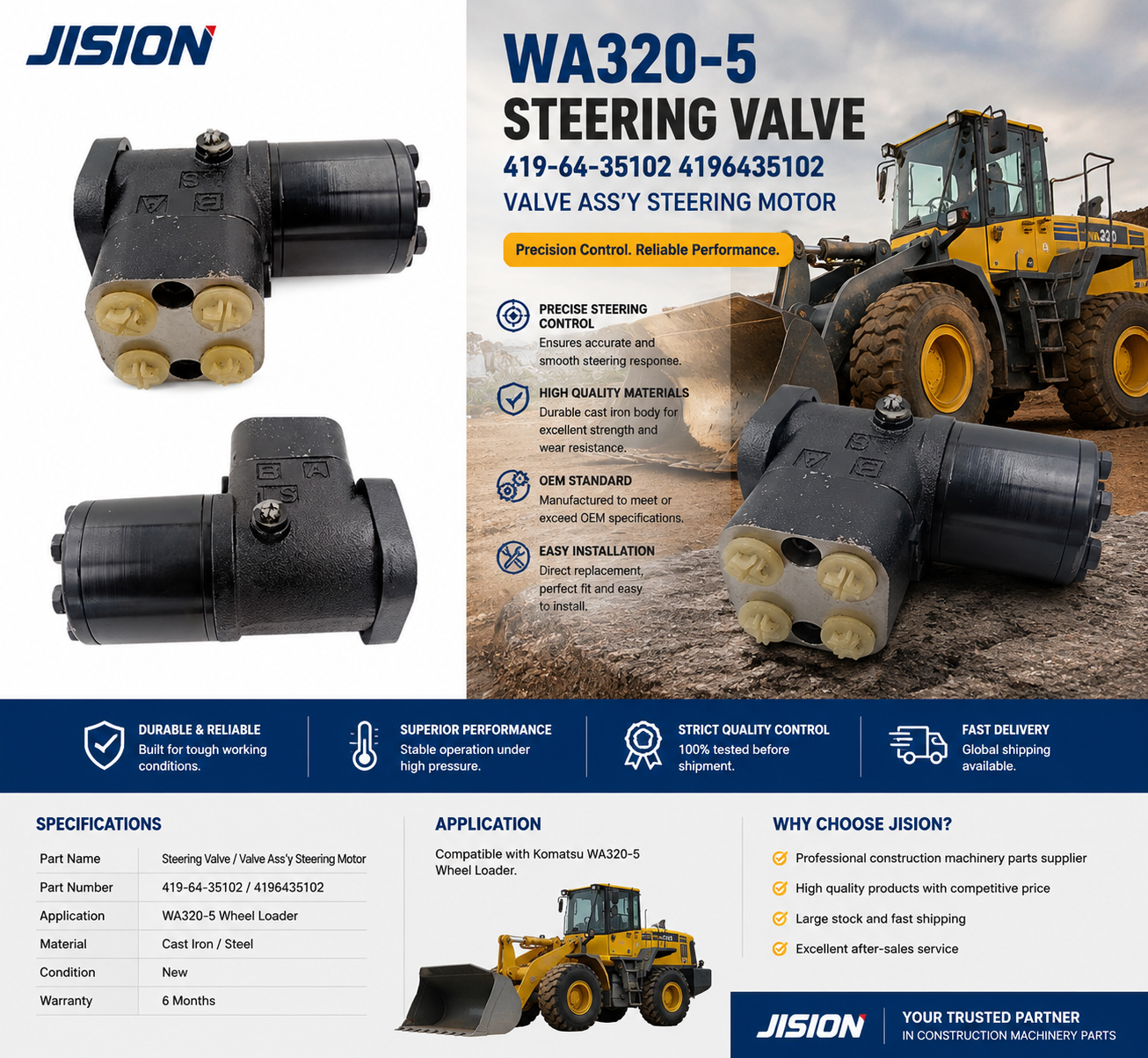 WA320-5 Steering Valve 419-64-35102 4196435102 Valve Ass’y Steering Motor for Komatsu Wheel Loader