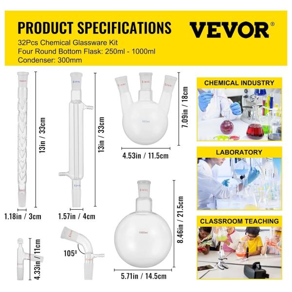 Laboratory Glassware 24/40 Chemistry Glassware 32PCS Chemistry Lab Glassware Kit Distillations Separation