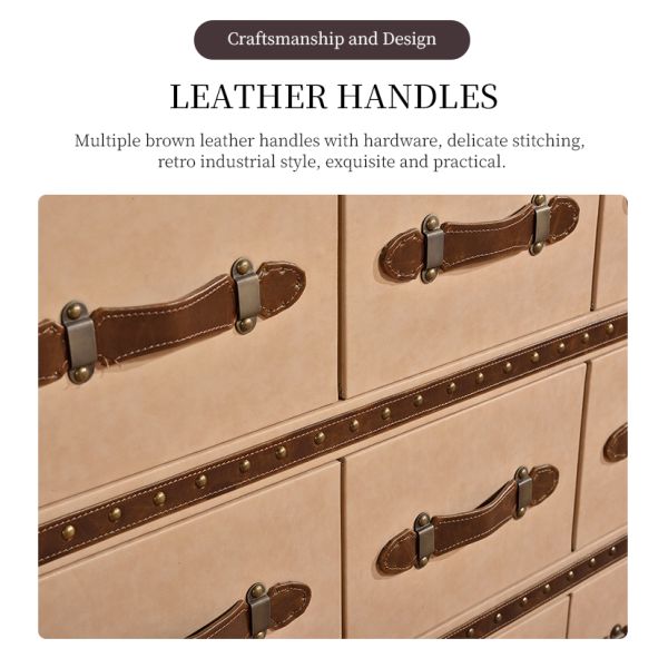 Nidea #8611 American Vintage Style Handmade Leather Red Wine  Bar Side Table Storage Cabinet 9 Drawers for Hotels Home Furniture