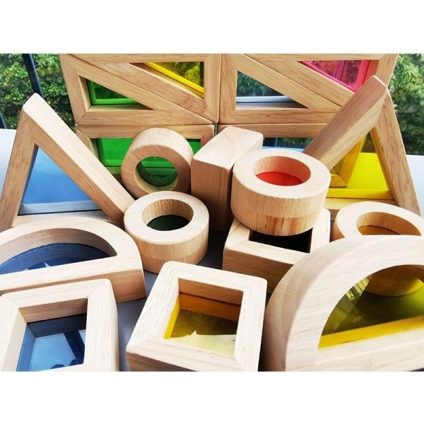 Kids Montessori Wooden Toy Sensory Rainbow Mirror Blocks Solid Rubber Wood Stacking Acrylic Buliding Stacker Educational
