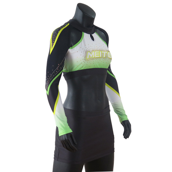 Rhinestones Sublimation Girls Cheerleading Uniform With Mesh Fabric