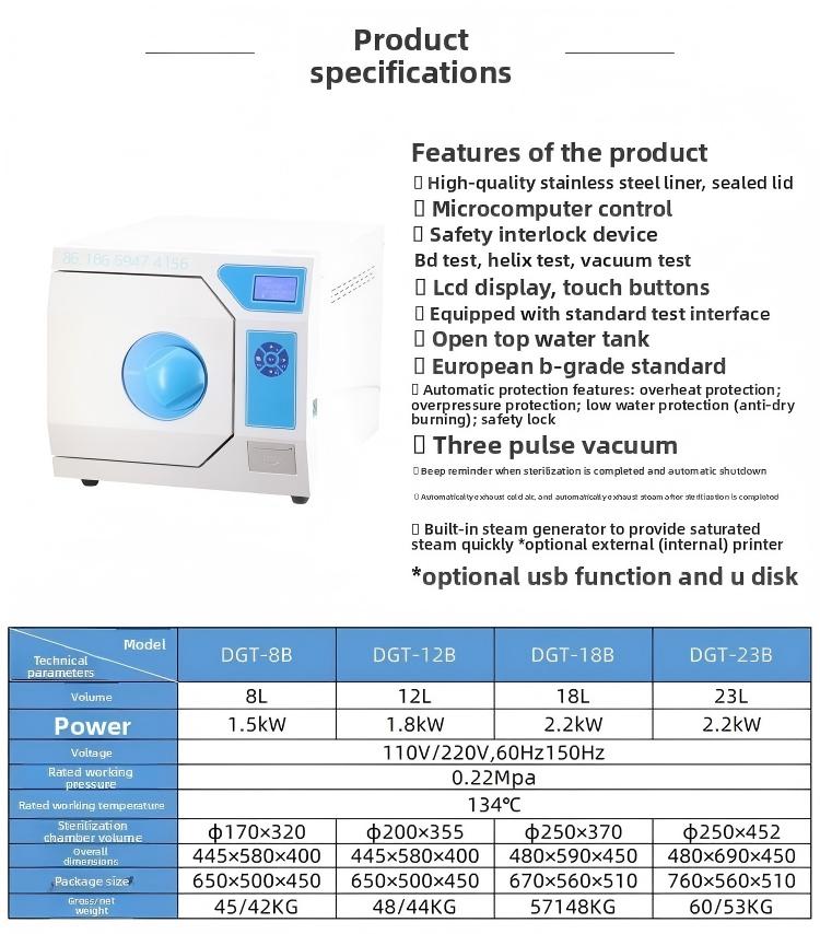 Desktop Smart Sterilizer Dental Disinfection Cabinet Drying Oral Medical Materials LCD Pulse Three-Time Vacuum Sterilization 8L