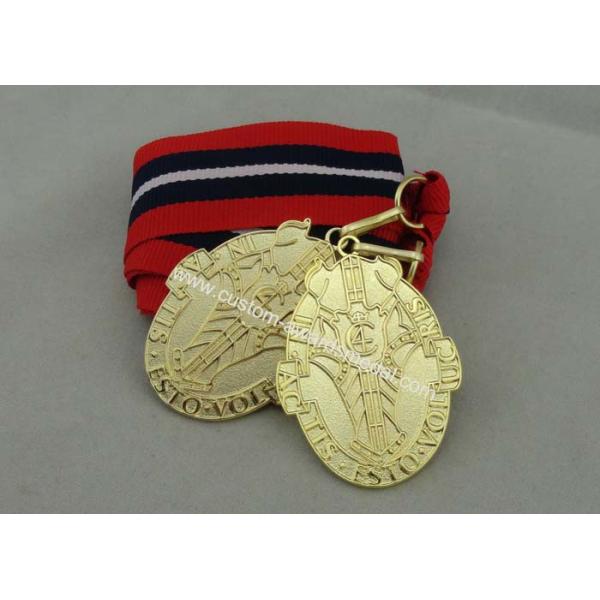 Red White Black Long Ribbon Medals Iron Die Stamping Gold Plating 2.0mm Thickness