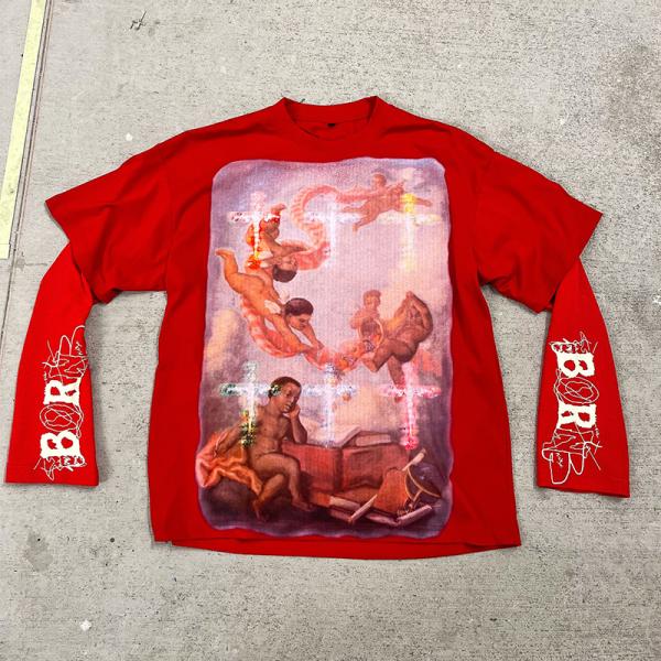 Luxury Clothing Manufacturers Custom Street Wear Double Layer Long Sleeve Cotton Oversize Loose Streetwear Unisex T Shirt T Shit