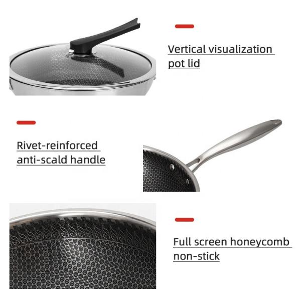 Factory Wholesale PFOA Free Non Stick Works 18/8 Stainless Steel Wok Pan with Glass Cover