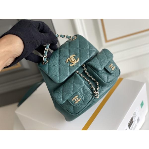 Litchi Chanel Designer Brand Backpack en cuir 23P nouvelle Duma Small Peacock Green