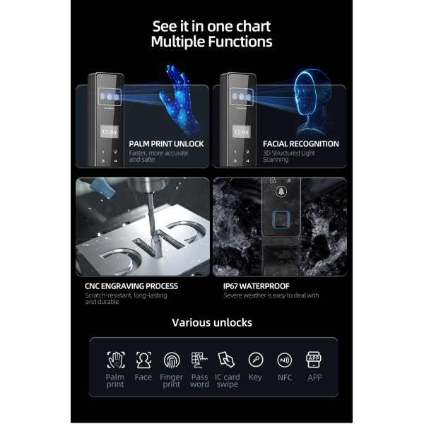 TTLOCK Wholesale Face Recognition Fingerprint Lock Narrow Bezel Cell Phone Aluminum Door Code Lock Automatic Smart Door Locks