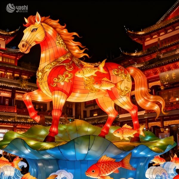 Custom Chinese Style Horse Lantern, Large LED Horse With Koi Fish Light Display for Lunar New Year Festival