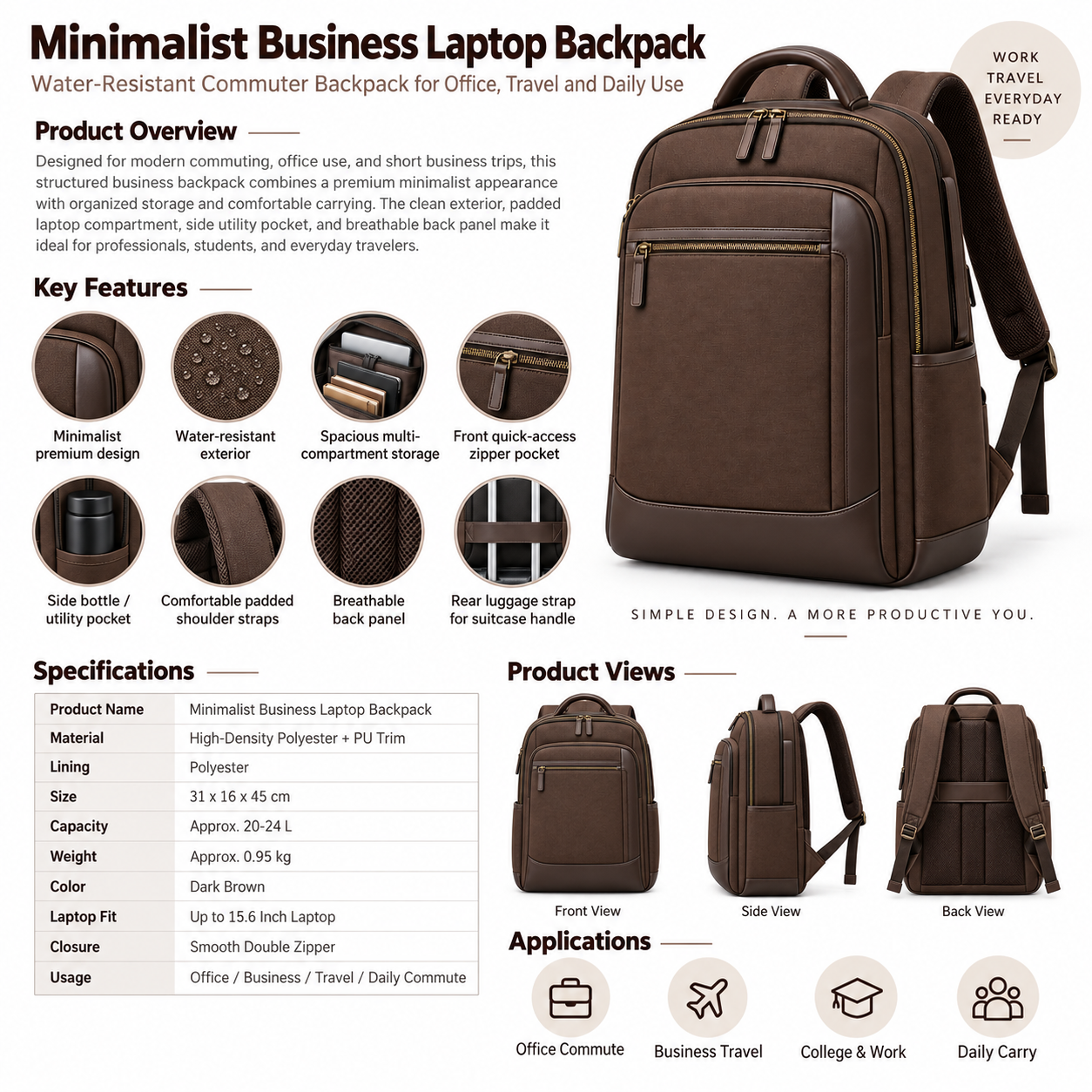 Custom OEM ODM Premium Business Laptop Backpack for Men, Waterproof Travel Work Backpack with USB Port, Multi-Compartment Computer Bag for Office and Commute