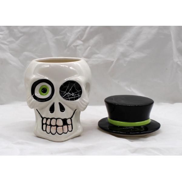 Large Ceramic Skull Cookie Jar , Halloween Decoration Dolomite White Cookie Jar With Lid