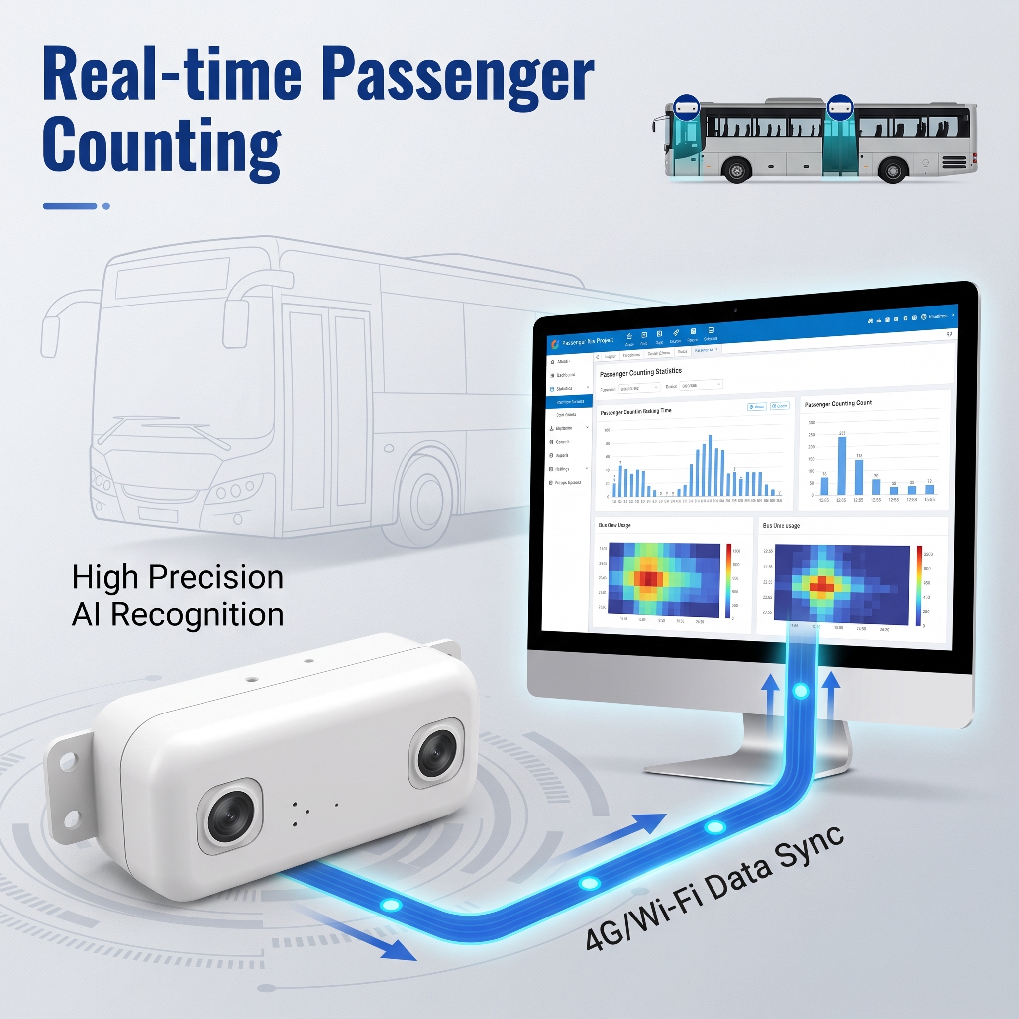 3D Binocular People Counter for Buses Dual-Lens Passenger Counting Device Automatic Passenger Counter Sensor with Camera