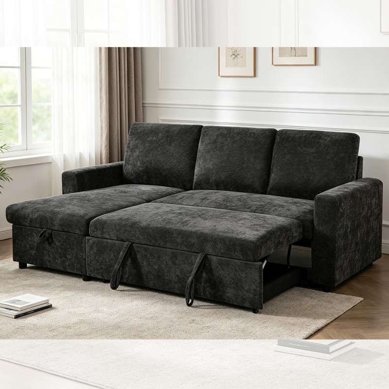 L-Shaped Reversible Sectional Sleeper Sofa with Pull-Out Bed and Storage, Charcoal Gray Fabric