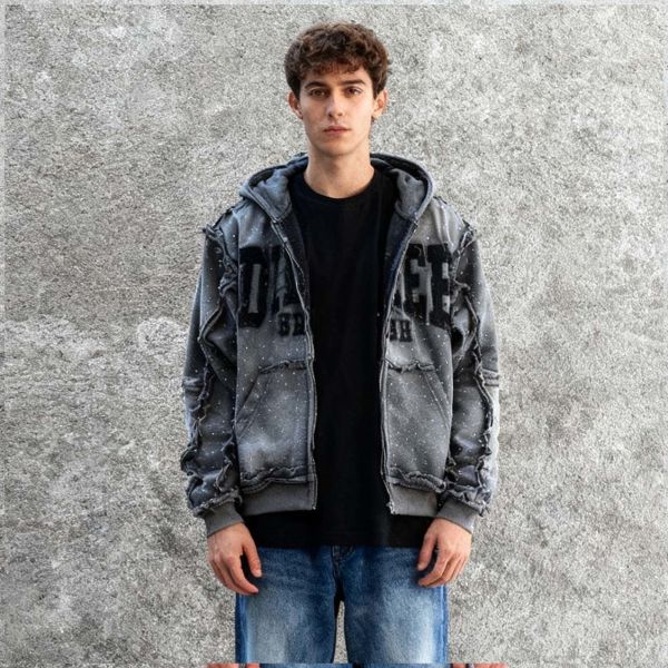 OEM&ODM Wholesale Custom High Quality Heavyweight Men's Hoodie Applique Embroidered Rhinestone Acid Wash Fashion Zip up Hoodie