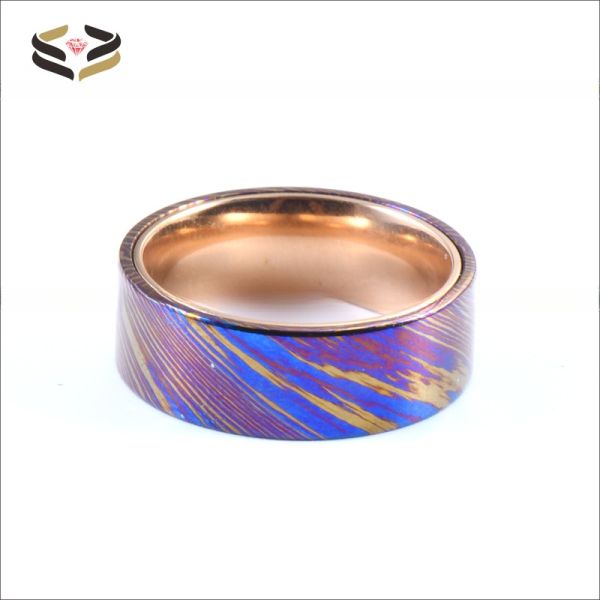 8mm Timascus Steel Ring with Rose Gold Titanium Inlay Add a Touch of Glamour to Your Look