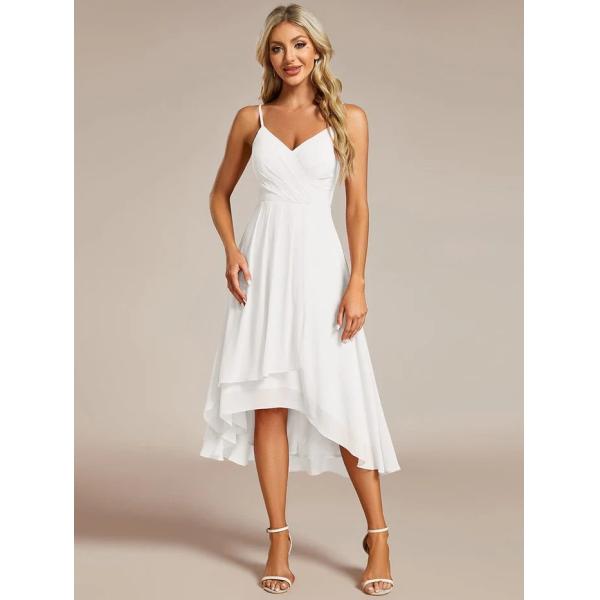 Plus Size Elegant V-neck Spaghetti Strap High-low Chiffon Wedding Guest Dress White Graduation Dresses