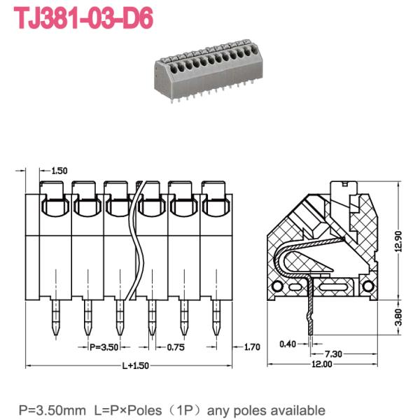 PCB Spring Terminal Block 5 AMP 16-22 AWG , PCB Screwless Terminal Connector 3.50m/3.81mm